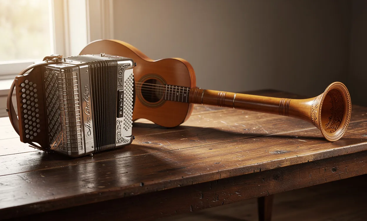 Des instruments de musique commençant par A, comme un accordéon, une guitare acoustique et un alphorn, sont disposés sur une table en bois ancien sous une lumière douce du matin.