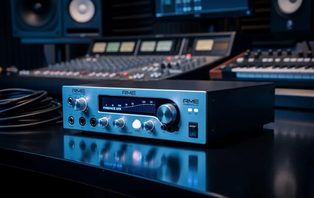 L’interface audio RME Fireface UFX posée sur un bureau de studio brillant, entourée d’appareils de mixage sous une lumière bleutée.