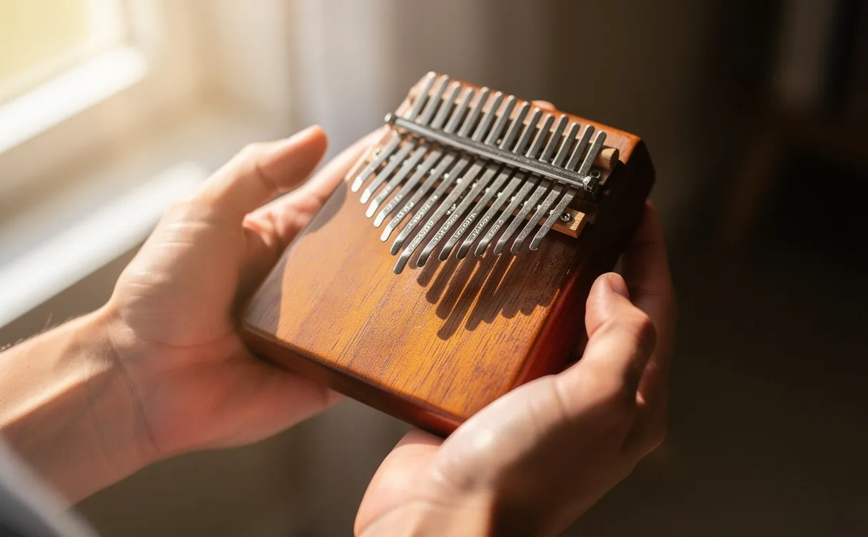 Un kalimba en gros plan repose dans des mains, éclairé par la lumière du soleil qui met en valeur ses lames métalliques et son bois chaleureux.