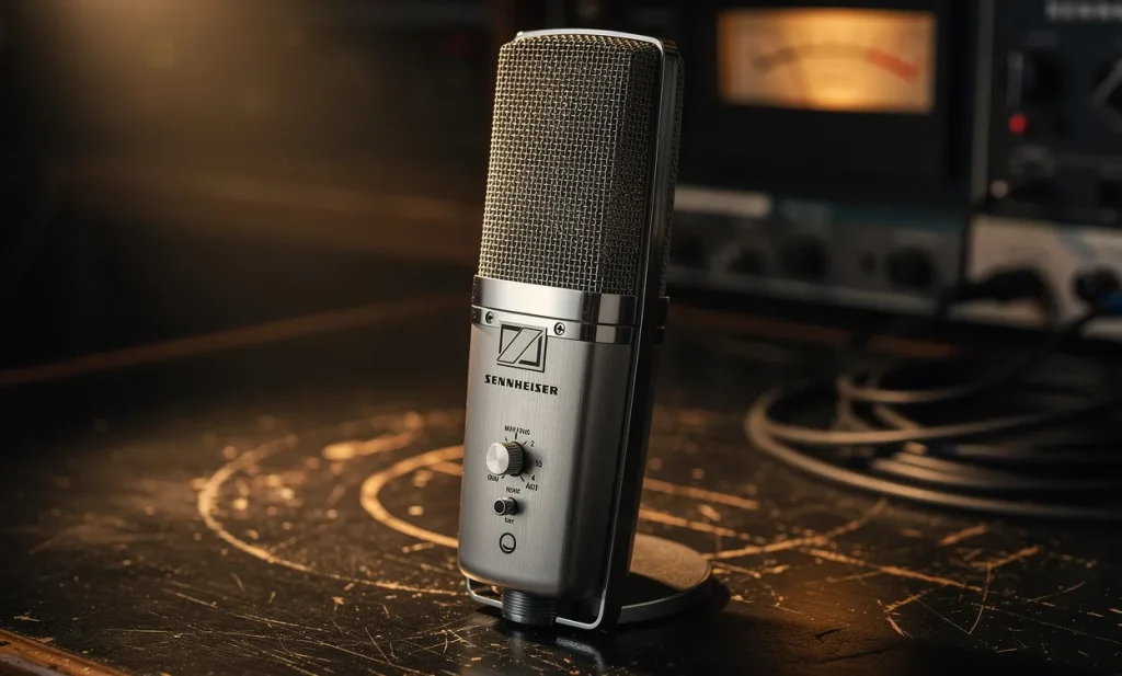 Un microphone Sennheiser MD 441 au design métallique est posé sur un bureau de studio vintage sombre, éclairé par une lumière chaude.