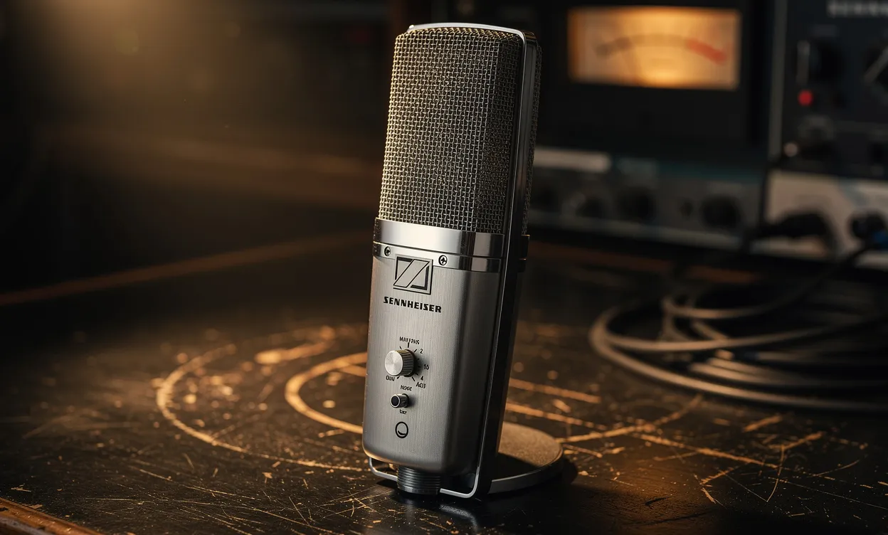 Un microphone Sennheiser MD 441 au design métallique est posé sur un bureau de studio vintage sombre, éclairé par une lumière chaude.
