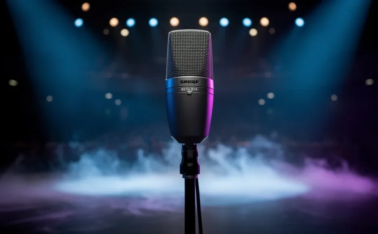 Microphone Shure Beta 87A posé au centre d’une scène, éclairé par des lumières bleues et violettes avec de la brume à son pied.