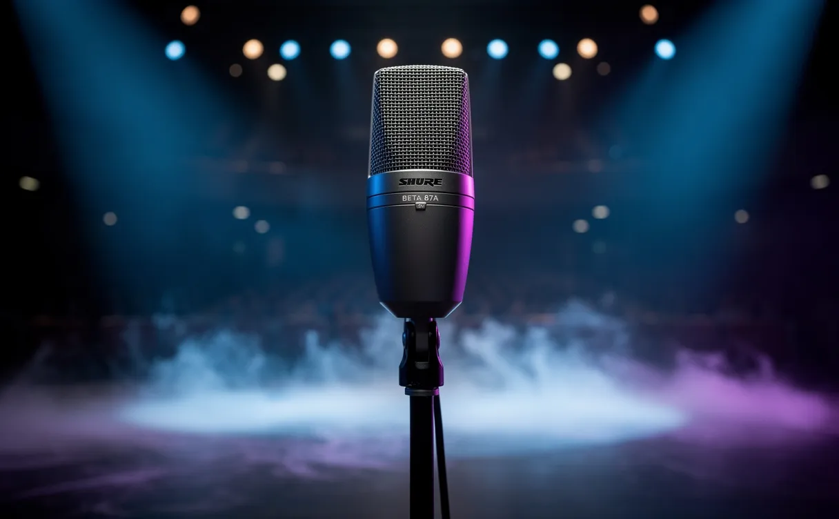 Microphone Shure Beta 87A posé au centre d’une scène, éclairé par des lumières bleues et violettes avec de la brume à son pied.