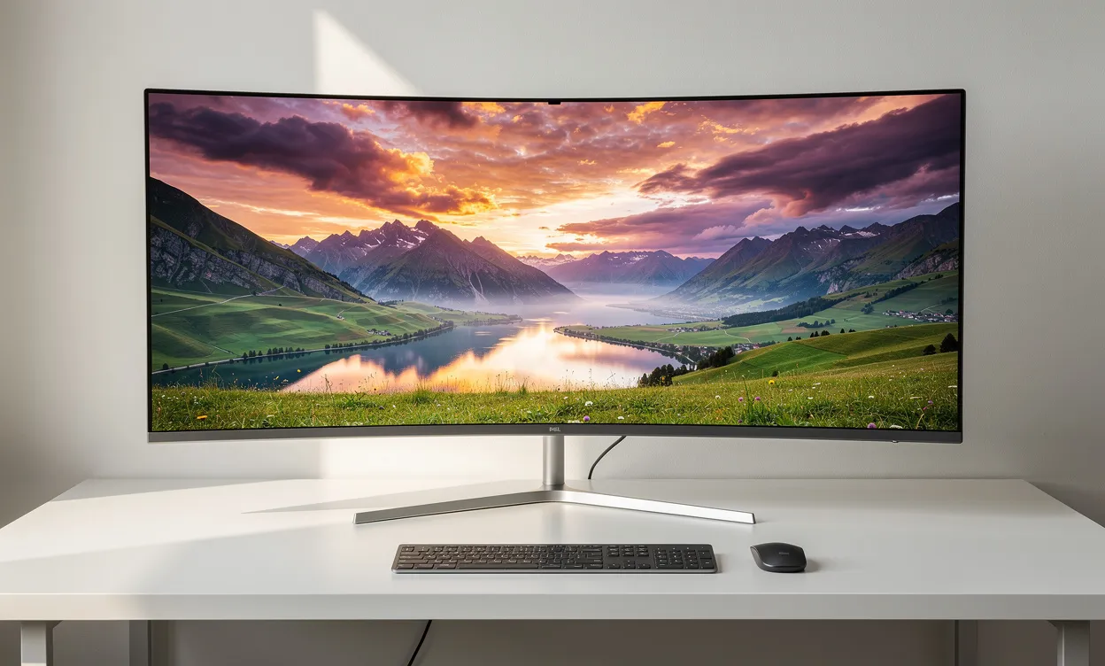 Un écran ultralarge sur un bureau épuré affiche un paysage panoramique coloré dans une ambiance lumineuse et élégante.