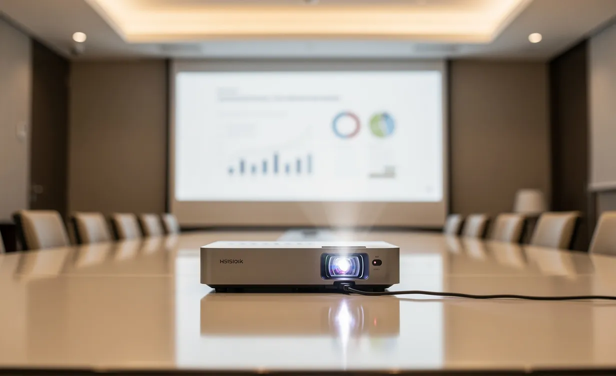 Un projecteur de bureau diffuse une présentation nette sur un écran dans un espace de travail moderne éclairé chaleureusement.