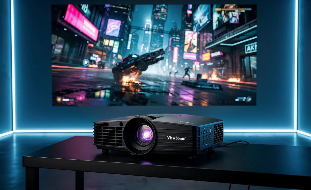 Un vidéoprojecteur ViewSonic PX701-4K projette une scène de jeu vidéo 4K colorée sur un mur dans une pièce faiblement éclairée avec des accents bleus et néon.
