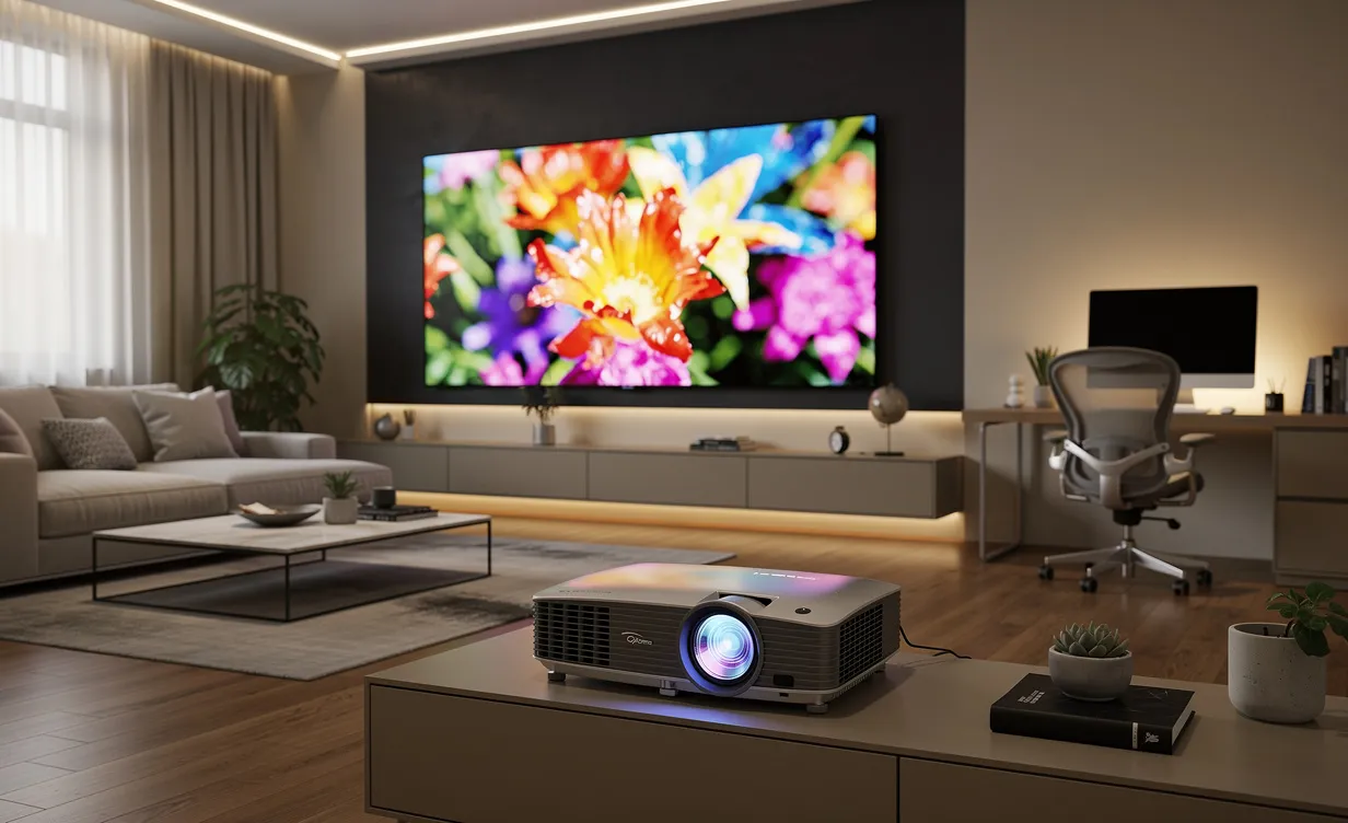Un projecteur Optoma diffuse une image nette sur un écran installé dans un salon moderne qui communique avec un bureau, sous un éclairage d’ambiance doux.