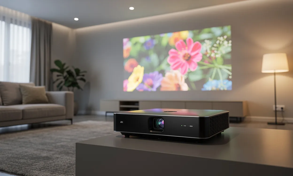 Un vidéoprojecteur à focale ultra-courte projette une image 4K colorée sur le mur d’un salon contemporain décoré avec sobriété et éclairé d’une lumière tamisée.
