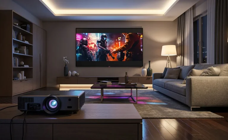 Un projecteur moderne diffuse un film coloré sur un grand écran dans un salon élégant, sous une lumière tamisée du soir avec des reflets subtils sur le mobilier.