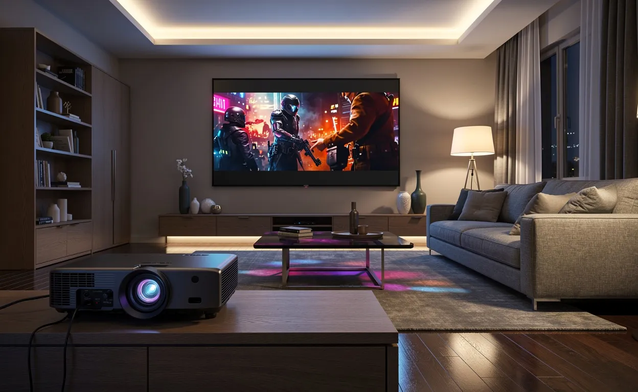 Un projecteur moderne diffuse un film coloré sur un grand écran dans un salon élégant, sous une lumière tamisée du soir avec des reflets subtils sur le mobilier.
