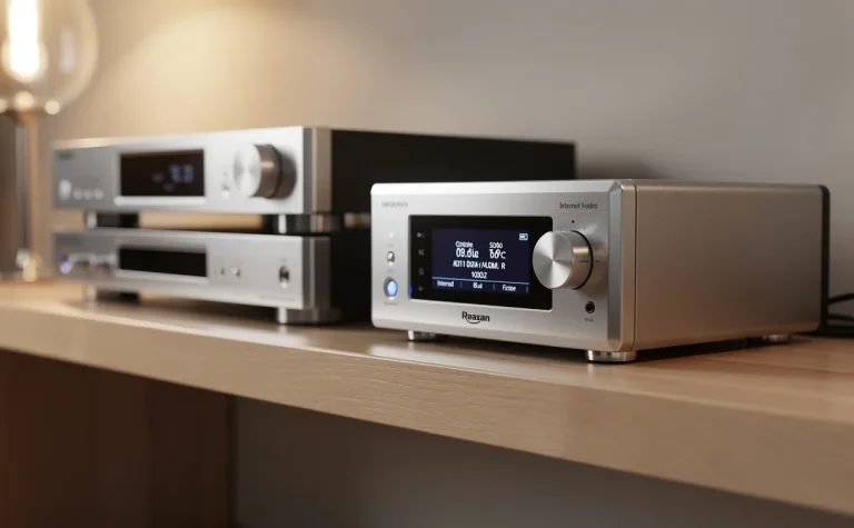 Un tuner radio internet au design moderne est posé à côté d'une chaîne HiFi sur une étagère en bois dans une ambiance chaleureuse et épurée.