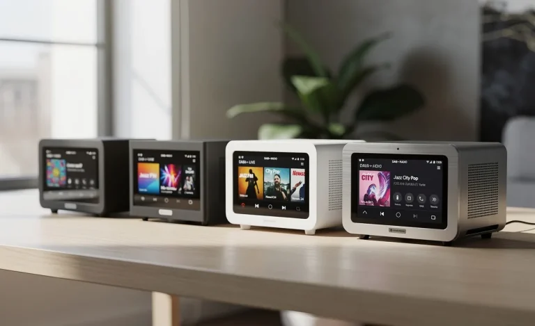 Plusieurs radios DAB+ modernes sont posées sur un bureau en bois, chacune affichant une interface différente sous une lumière naturelle.