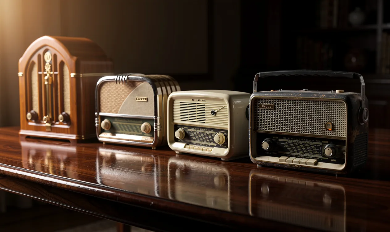 Des radios vintages de différentes époques sont alignées sur une table en bois poli, chacune montrant des signes d’usure et un style unique.