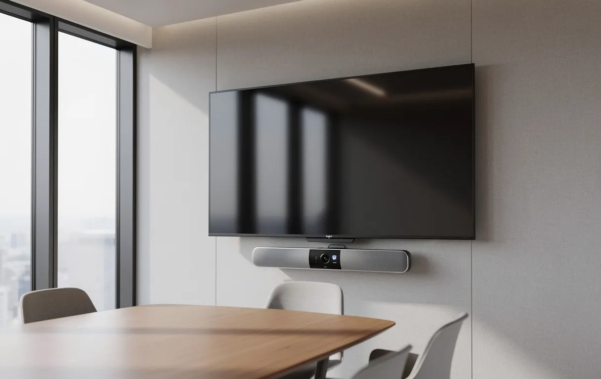 La Logitech Rally Bar Mini est fixée sous un écran large dans une petite salle de réunion moderne baignée de lumière naturelle.