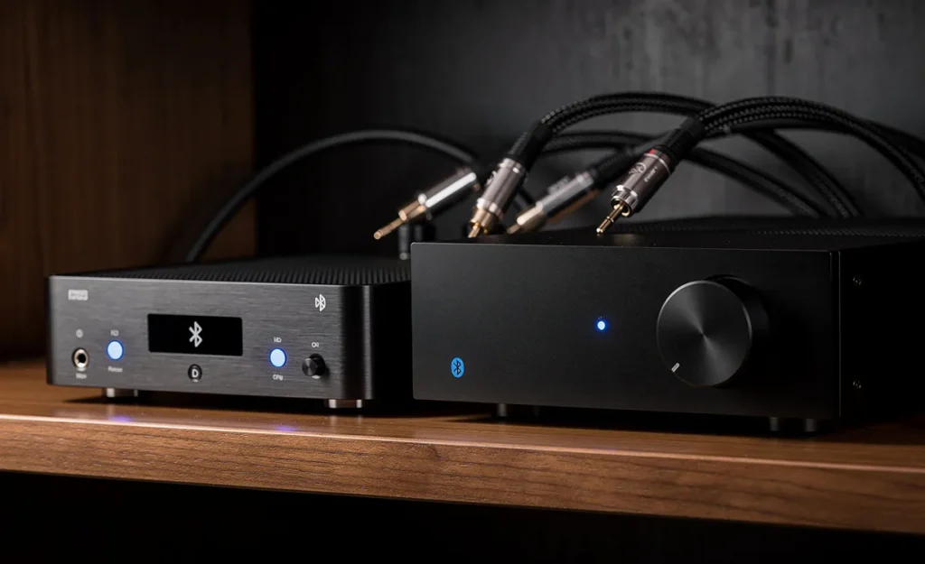Un récepteur Bluetooth HiFi moderne et un amplificateur audio noir sont posés sur une étagère en bois, reliés par des câbles haut de gamme et éclairés par des voyants bleus dans une ambiance tamisée.
