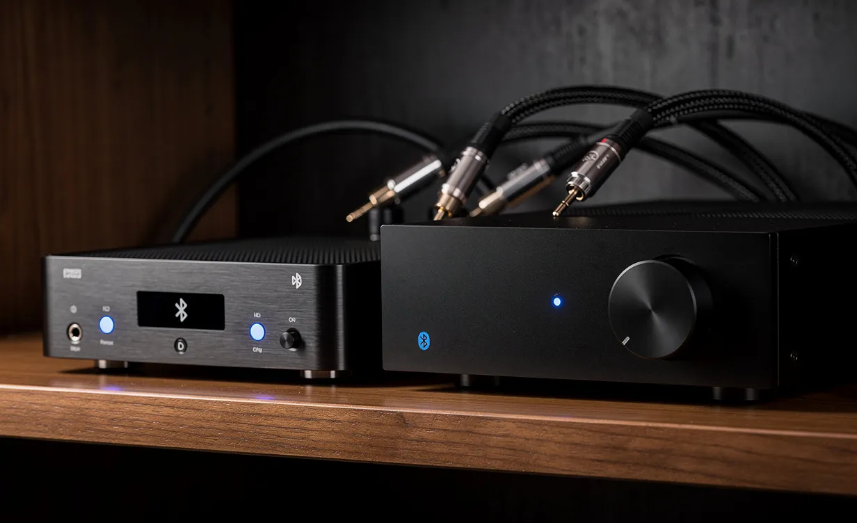 Un récepteur Bluetooth HiFi moderne et un amplificateur audio noir sont posés sur une étagère en bois, reliés par des câbles haut de gamme et éclairés par des voyants bleus dans une ambiance tamisée.