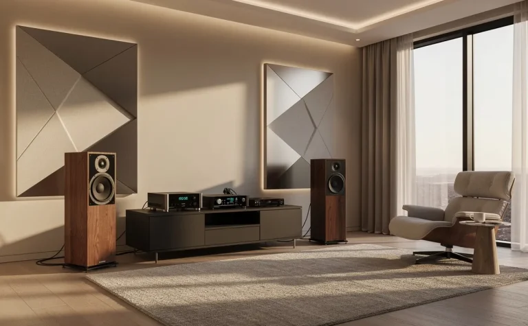 Salle d’écoute moderne avec panneaux acoustiques géométriques, lumière naturelle, système sonore central et ambiance paisible.