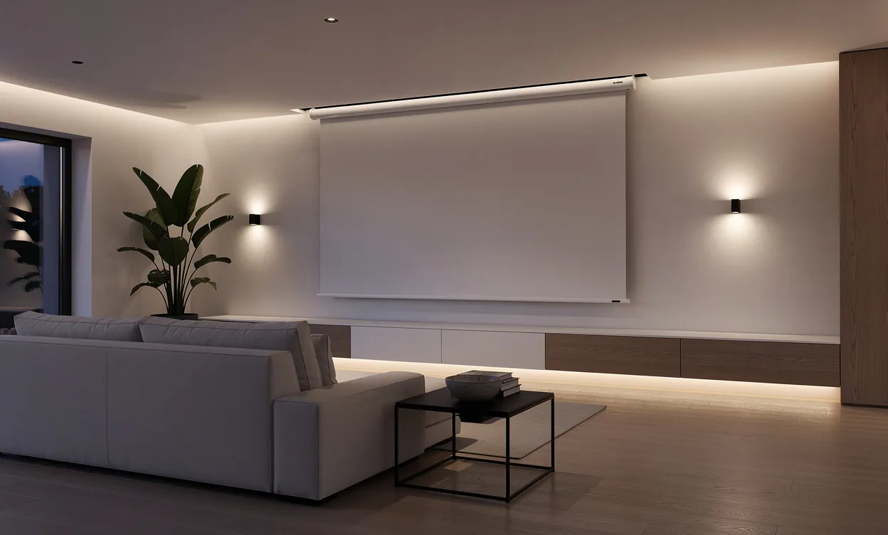 Un salon moderne avec écran de projection motorisé qui descend du plafond, éclairé d’une lumière tamisée et décor minimaliste.