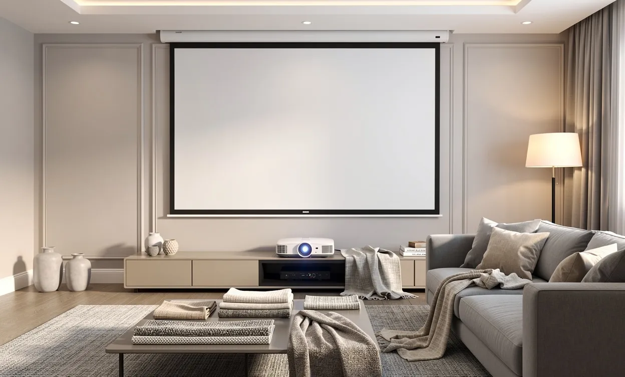Un salon moderne avec un écran de projecteur déroulé, entouré d’échantillons de tissu, d’un projecteur et baigné d’un éclairage chaleureux.