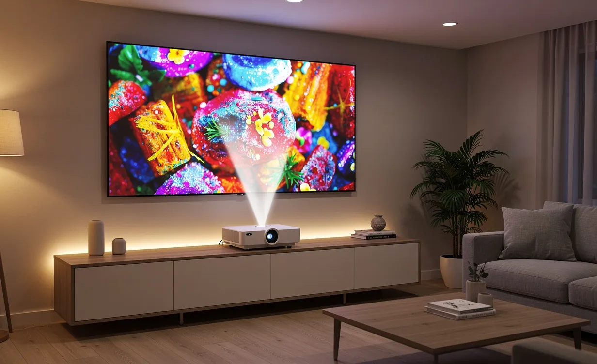 Un salon moderne avec un projecteur à très courte focale posée sur un meuble bas projetant une image nette sur un grand écran mural en lumière tamisée.