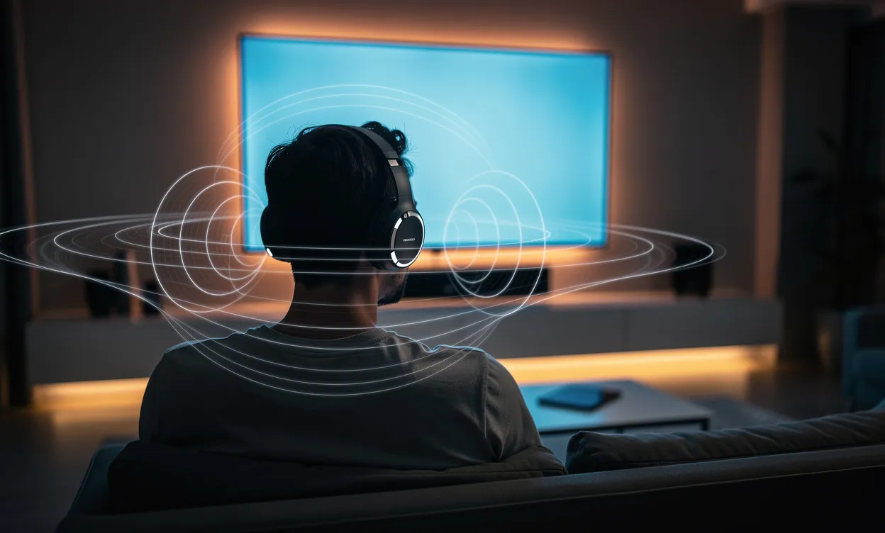 Une personne assise dans un salon moderne tamisé regarde une grande télévision allumée en portant un casque audio, avec des ondes sonores illustrées autour d’elle.