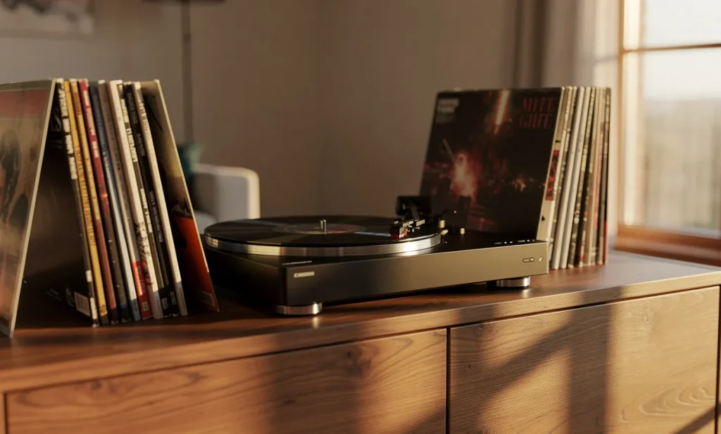 Un tourne-disque moderne repose sur un meuble en bois entouré de quelques vinyles et baigné par la lumière du soleil entrant par une fenêtre.