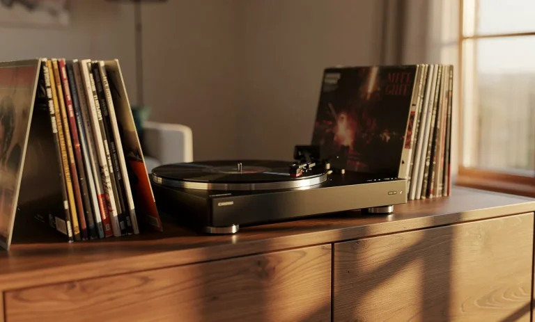 Un tourne-disque moderne repose sur un meuble en bois entouré de quelques vinyles et baigné par la lumière du soleil entrant par une fenêtre.