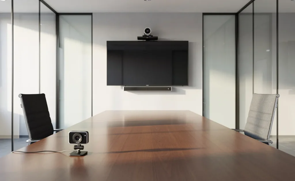 Table de réunion moderne avec une webcam face à une chaise vide et une caméra de conférence au-dessus d’un grand écran, dans une salle baignée de lumière matinale.