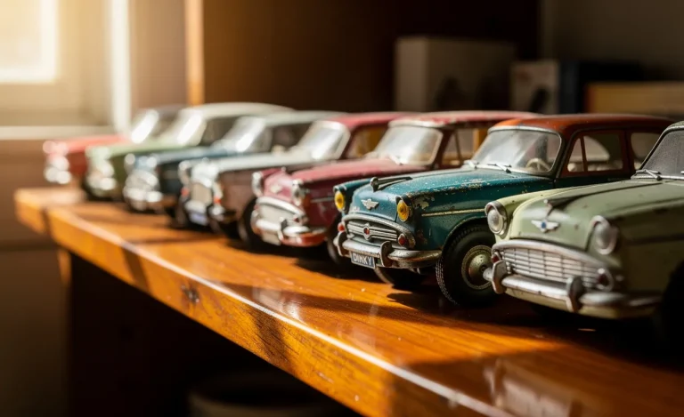 Des voitures miniatures Dinky d’époque sont alignées sur une étagère en bois, baignées par la lumière douce d’une fenêtre.