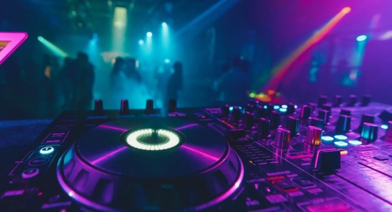 Controleur DJ eclaire par des lumieres colorees en boite de nuit