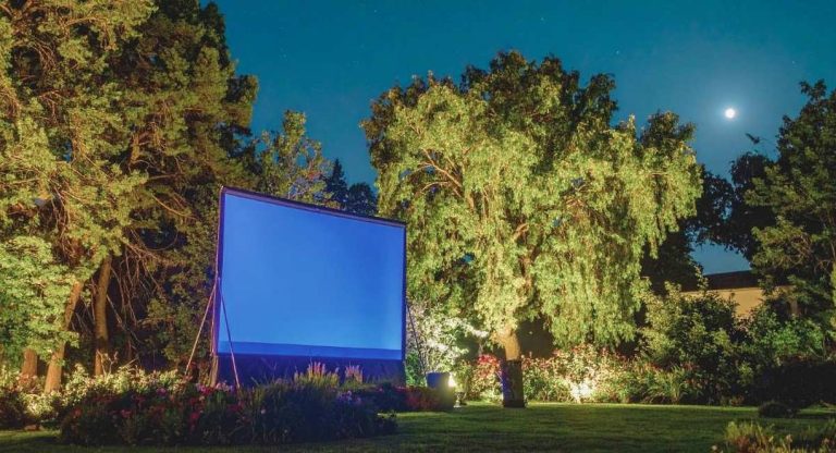 Écran de projection installé dans un jardin arboré la nuit