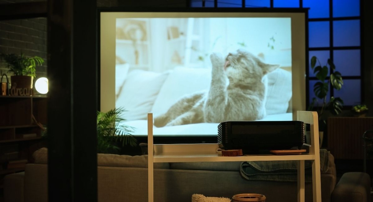 Vidéoprojecteur diffusant une vidéo sur écran dans un salon le soir